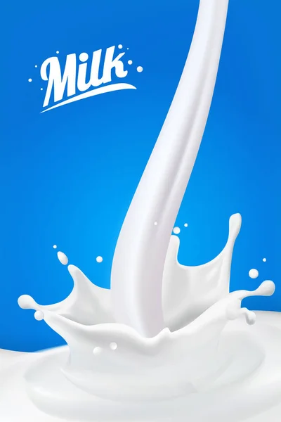 Plusk mleka 3D.Streszczenie realistyczne krople mleka z plamy izolowane na niebieskim tle.element reklamy, projekt opakowania. wektor — Wektor stockowy