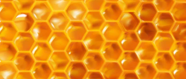 Fond réaliste nid d'abeilles. Miel de texture de couleur vive, hexagones 3D pour bannière, produit naturel. publicité ou papier peint. vecteur — Image vectorielle