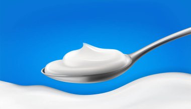 Çay kaşığı kremalı kaşık yoğurt, sos, mayonez ya da ekşi krema. Gerçekçi, 3D şablon, grafiksel basit tasarım elementi.