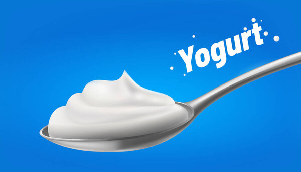 Yogurt in the spoon.Natural white Sour, Cream. isolated on blue background. vector