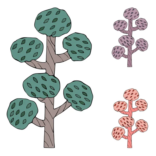 vektör çizim ayrı tut moduyla set doodle ve Lila, yeşil ve pembe ağaç beyaz arka plan üzerinde çizgi film