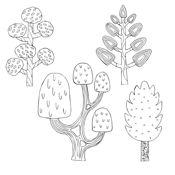 Doodle vector ilustración contorno aislar árboles en blanco y negro sobre fondo blanco — Vector de stock