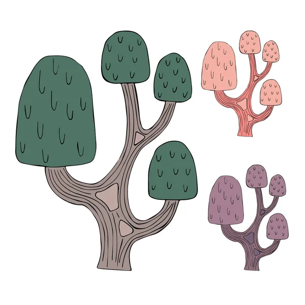 vektör kümesi yalıtılmış illüstrasyon doodle. Beyaz arka plan üzerinde renkli yeşil, Lila ve pembe ağaçlar