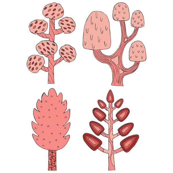 Ayrı tutma renkli pembe doodle ağaçlar beyaz arka plan üzerinde ayarlayın. Vektör çizim.