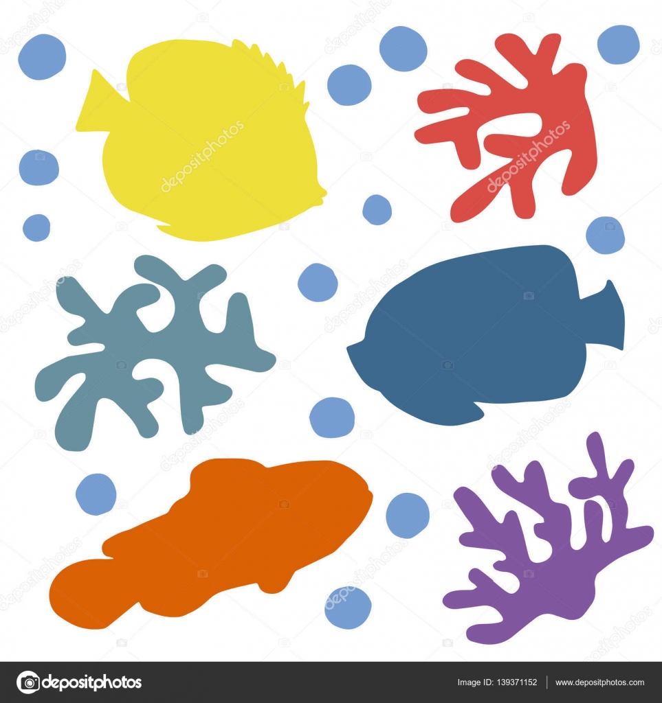 Disegno vettoriale isolare sagoma set colorato pesce rosso pagliaccio e blue angel pesce e pesce farfalla