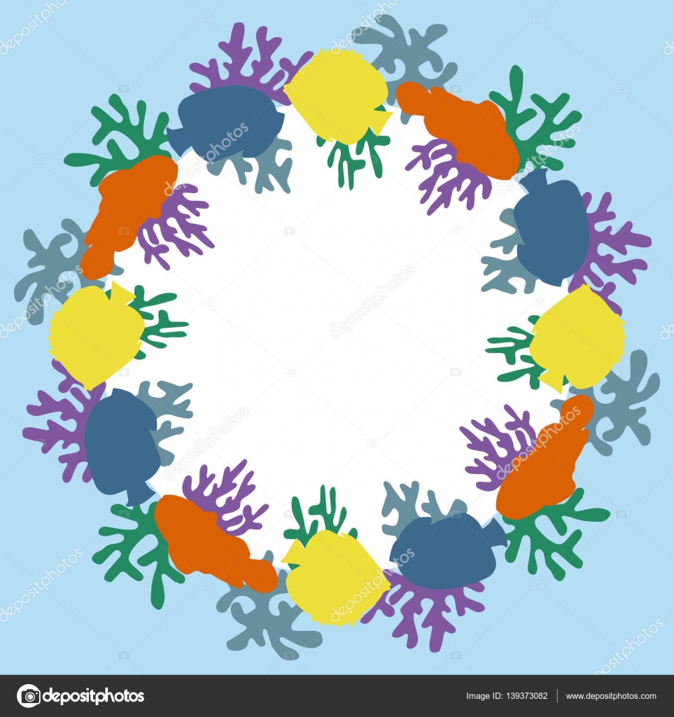 sagoma ghirlanda circuito colorato pesce rosso pesci pagliaccio e blue angel e pesci farfalla gialli e verde e lilla coralli e scogli con bolle vettoriale