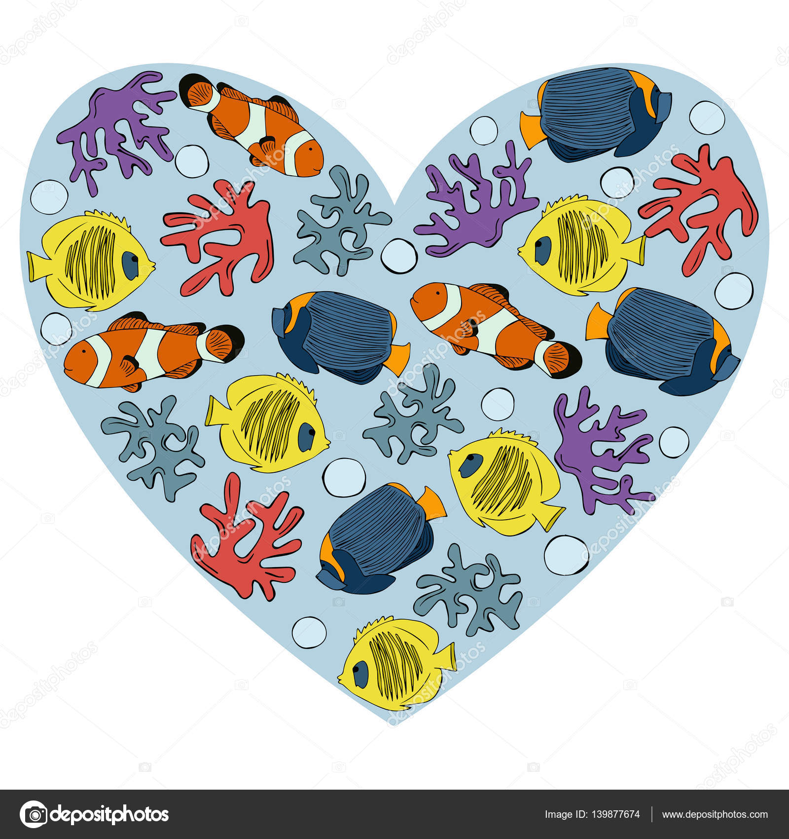 Disegno vettoriale isolare pesci pagliaccio e blue angel pesci colorati set rosso e pesce farfalla giallo con corallo e barriera corallina nel cuore blu su