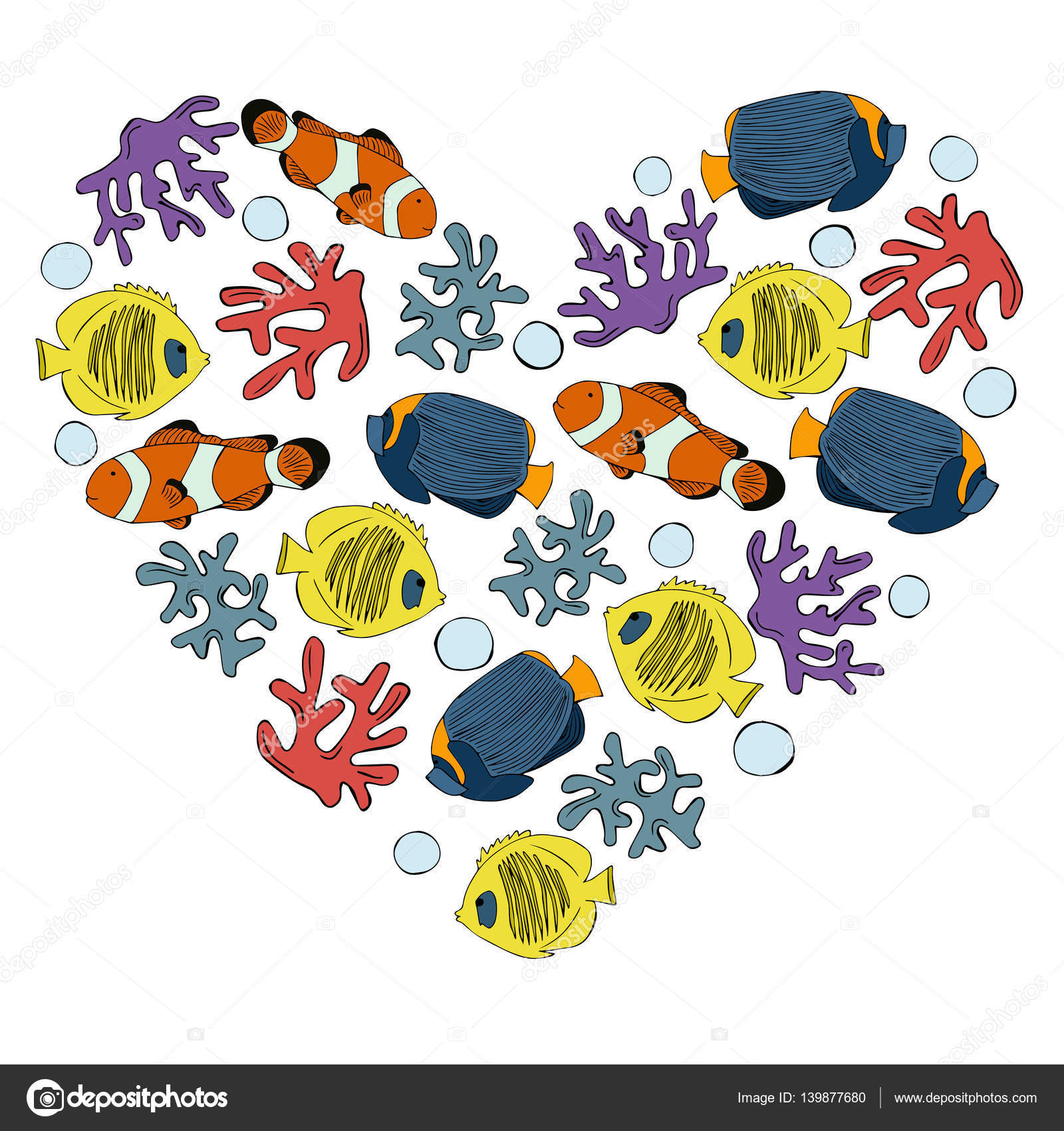 Disegno vettoriale isolare pagliaccio pesci colorati set rosso e Angelo blu giallo e pesce pesci farfalla