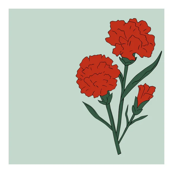 Urlaubskarte Blumen rot mit grüner Nelke auf grünem Hintergrund. Vektor. Siegestag. 9. Mai. — Stockvektor