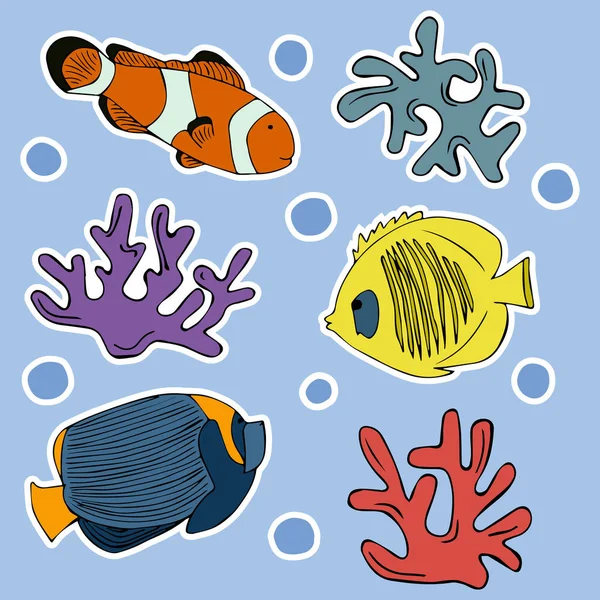 Vektor Set Illustration Aufkleber Fische Rote Clownfische Gelbe Schmetterlingsfische Blaue — Stockvektor