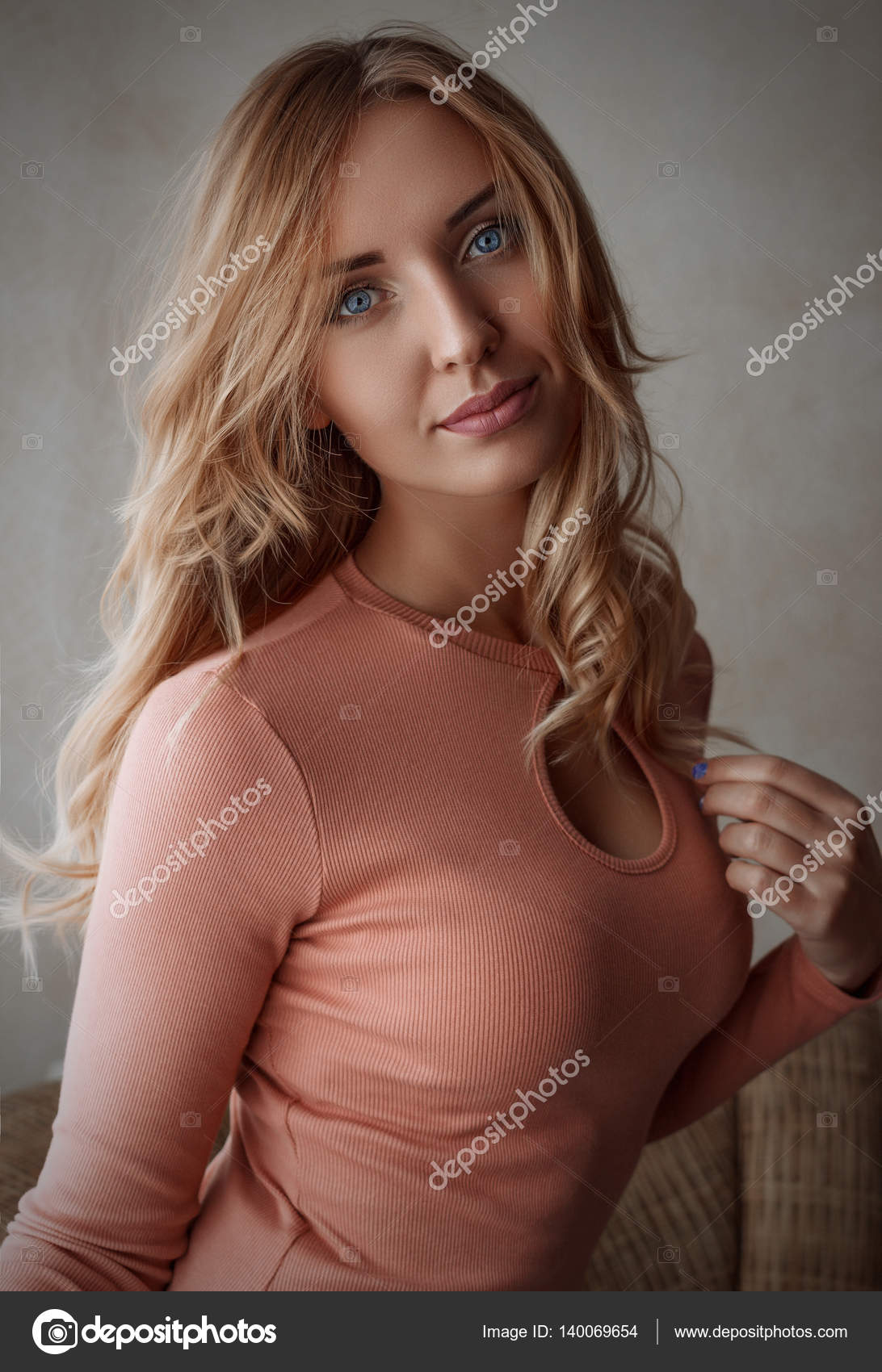 Classic Close Up Portrait Of Curly Cute Girl With Beauty Blonde