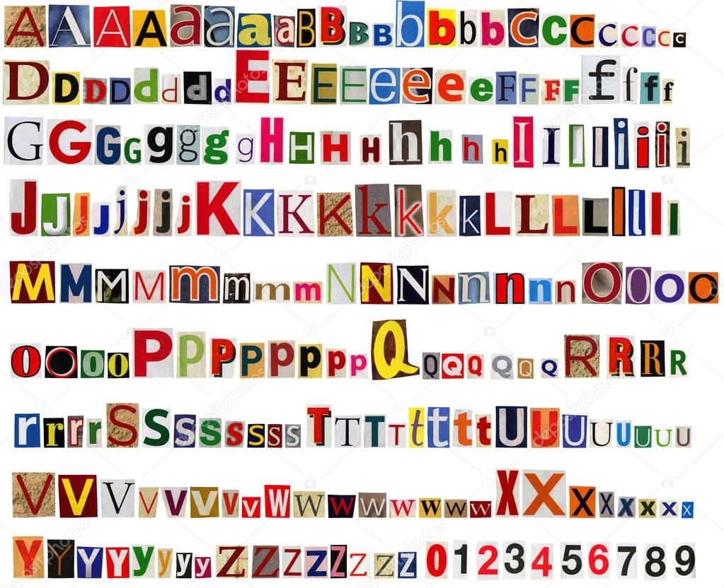 Newspaper alphabet with letters and numbers.