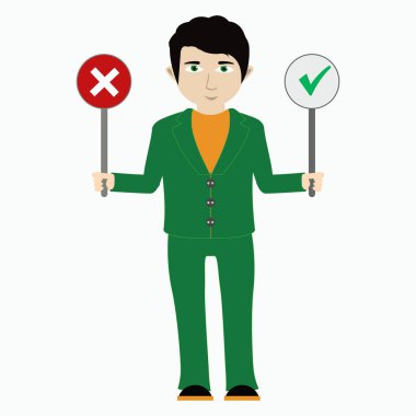 Evet ve Hayır belirtileri ile bir adam vektör çizim.