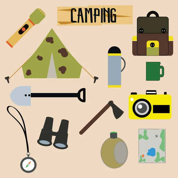 Camping uitrusting symbolen en pictogrammen — Stockvector