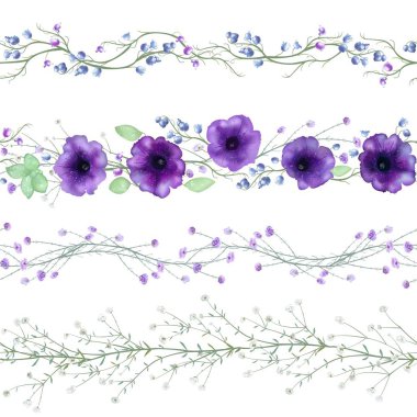 Elle çizilmiş illüstrasyon. Mor petunya çiçekleri, gypsophila dalları ve zambak ile sonsuz kurdele. Beyaz arka planda yalıtılmış, tüm tasarım öğeleri değiştirilebilir. Kartlar, davetiyeler, düğün, sevgililer günü, anneler günü için kullanılabilir.