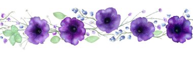 Elle çizilmiş illüstrasyon. Mor petunya çiçekleri, gypsophila dalları ve zambak ile sonsuz kurdele. Beyaz arka planda yalıtılmış, tüm tasarım öğeleri değiştirilebilir. Kartlar, davetiyeler, düğün, sevgililer günü, anneler günü için kullanılabilir.