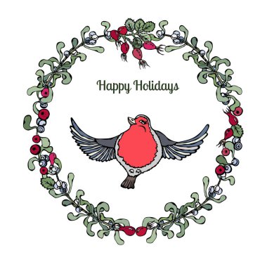 Şirin elle çizilmiş resimler. Red Robin çelenk ile dal ökse otu, holly Karpuzu ve rose hips içinde. Beyaz bir arka plan üzerinde izole, tüm tasarım öğeleri düzenlenebilir. Kartları ve davetiyeler için kullanılabilir.