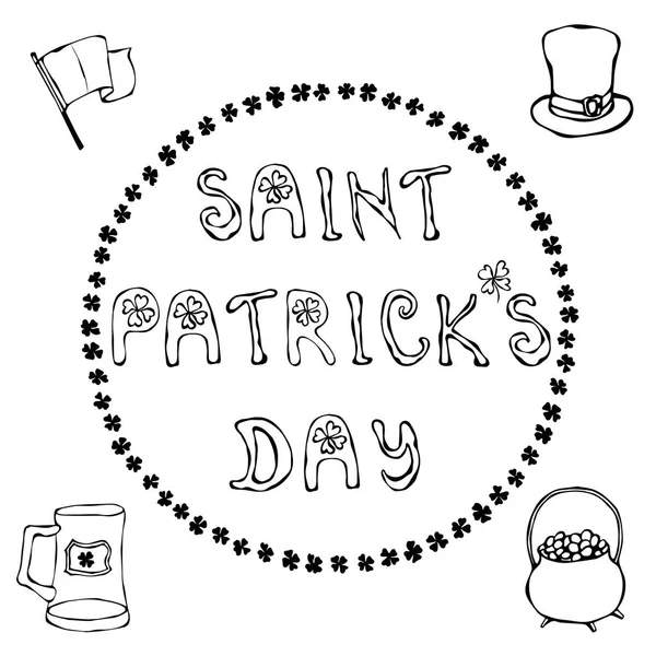 Happy Saint Patricks Day. Hand drawn St. Patricks Day lettering outline typography for postcard, card, flyer, banner template. Typographic design for St. Patrick Day. Heart shape. — Stock Vector