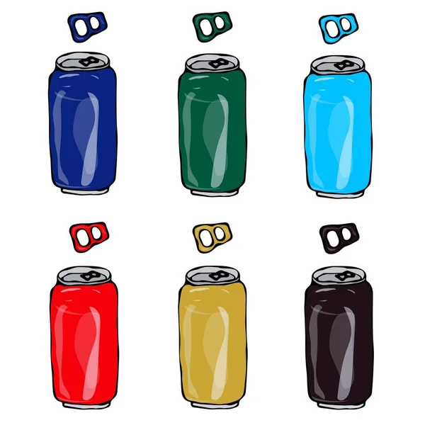 Sbírka plechovek od piva v různých barvách modrá, zelená, červená, zlatá, tmavě hnědá — Stockový vektor
