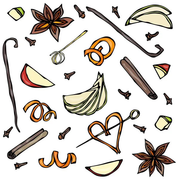 Samling av kryddor och frukt skivor. Anis, kanel, kryddnejlika, vanilj, äpple, apelsinskal. Hand ritat skiss vektorillustration. — Stock vektor