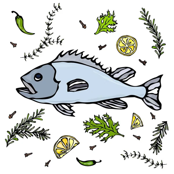 Pescado fresco con hierbas especias y limón. Vector Mariscos Ilustración realista — Archivo Imágenes Vectoriales