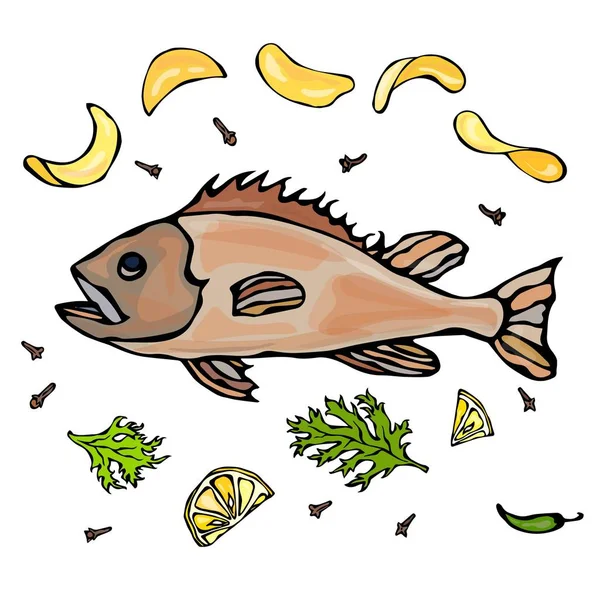 Pescado cocido con patatas fritas Hierbas Especias Limón. Vector Mariscos Ilustración realista — Archivo Imágenes Vectoriales