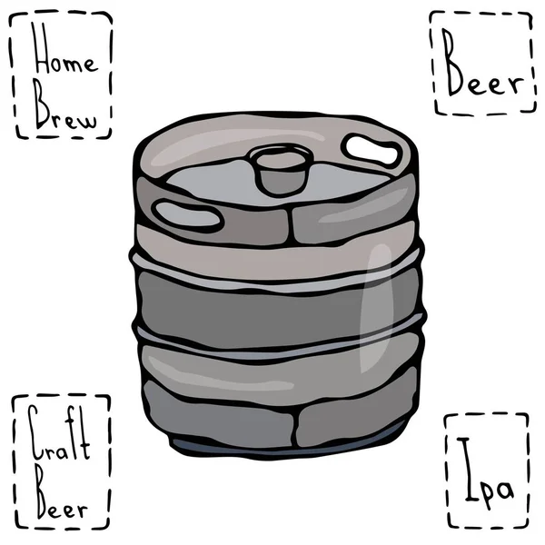 Barril de metal de cerveja. Cerveja Keg Doodle Style Sketch. Ilustração vetorial desenhada à mão — Vetor de Stock