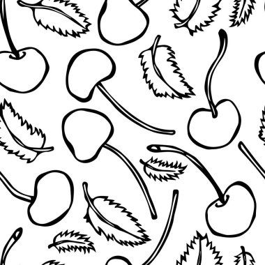 Tatlı kiraz nane yaprakları ve sorunsuz. Doodle stil vektör tasarımı, beyaz arka plan üzerinde izole.