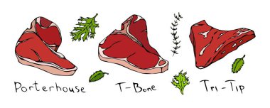 Elle çizilmiş biftek kümesi. Porterhouse, T-Bone, gezi-ipucu. Beyaz arka plan üzerinde et illüstrasyon izole vektör