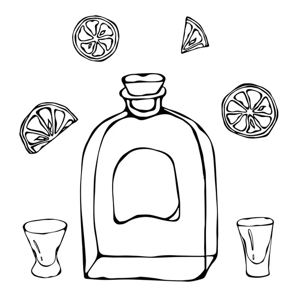 Whisky Cognac ou Brandy Bottle and Shot Glass Sketch. Avec des agrumes. Drink Time Illustration vectorielle dessinée à la main . — Image vectorielle