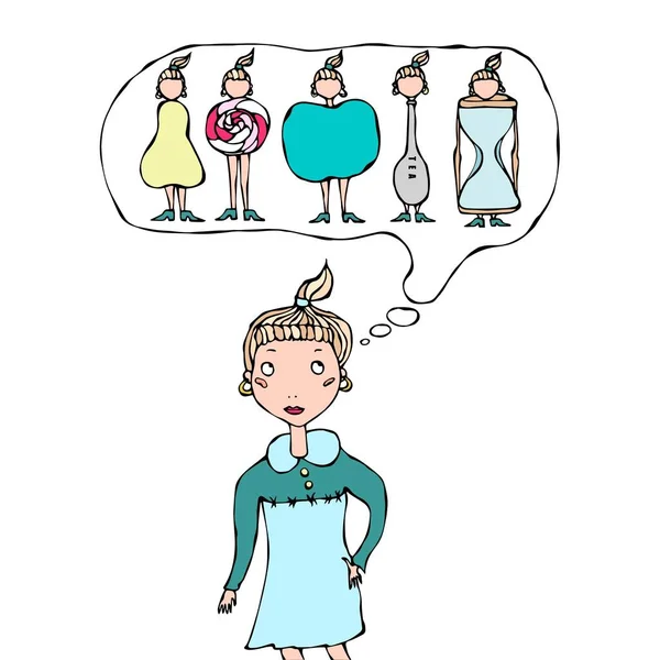 可爱的卡通时髦女孩对妇女身体形态的思考 — 图库矢量图片