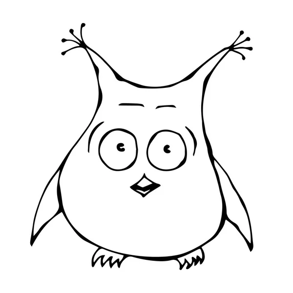 Leuk grappig Bang bang verrast geamuseerd verbaasd Owl vogel. Geïsoleerd op een witte achtergrond Doodle Cartoon Hand getrokken schets vectorillustratie. Emoji karakter. — Stockvector