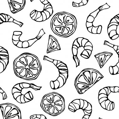 Deniz ürünleri Seamless modeli. Karides veya karides ve limon arka plan. Bir beyaz arka plan Doodle çizgi film Vintage elle çizilmiş kroki vektör çizim üzerinde izole.