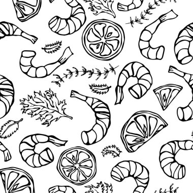 Deniz ürünleri Seamless modeli. Karides veya karides, otlar ve kireç. Bir beyaz arka plan Doodle çizgi film Vintage elle çizilmiş kroki vektör çizim üzerinde izole.