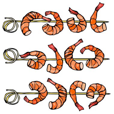 Karides ahşap sopa, karides kebap, deniz ürünleri Barbekü, kanepeler üzerinde. Beyaz arka plan Doodle karikatür Vintage elle çizilmiş kroki üzerinde izole