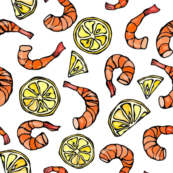 Modèle sans couture de fruits de mer. Crevettes ou crevettes et citron fond. Isolé sur un fond blanc Doodle Cartoon Vintage dessiné à la main illustration vectorielle de croquis . — Image vectorielle