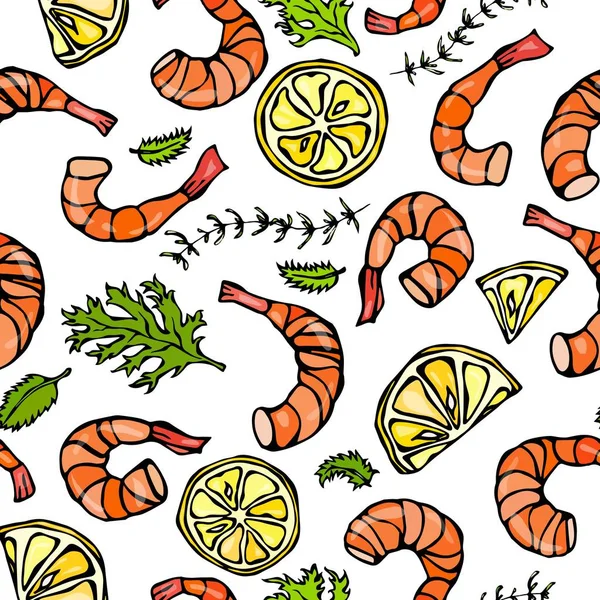 Seafood Seamless Pattern. Camarão ou Camarão, Ervas e Limão. Isolado em um fundo branco Doodle Cartoon Vintage mão desenhada esboço Vector Ilustração . —  Vetores de Stock