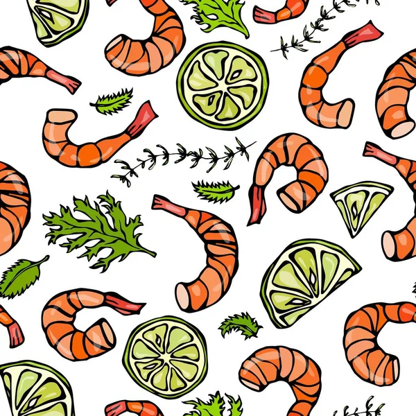Seafood Seamless Pattern. Camarão ou Camarão, Ervas e Limão. Isolado em um fundo branco Doodle Cartoon Vintage mão desenhada esboço Vector Ilustração . —  Vetores de Stock