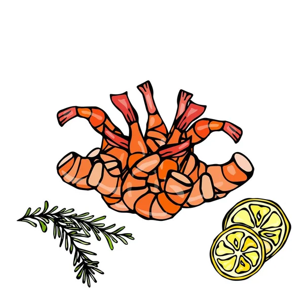 Cocción de camarones o langostinos, hierbas y limón. Aislado en un fondo blanco Doodle dibujos animados Vintage dibujado a mano boceto — Vector de stock