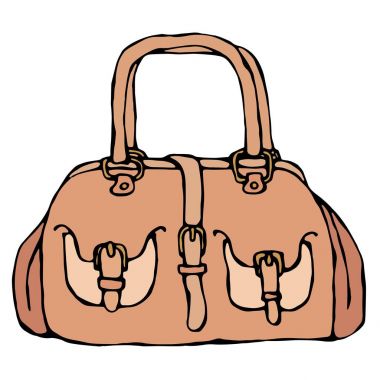 Modern moda torba ya da çanta kadın aksesuar. Şık ve Trendy çanta. Beyaz arka plan Doodle karikatür Vintage elle çizilmiş kroki üzerinde izole