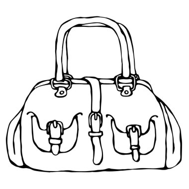 Modern moda torba ya da çanta kadın aksesuar. Şık ve Trendy çanta. Beyaz arka plan Doodle karikatür Vintage elle çizilmiş kroki üzerinde izole