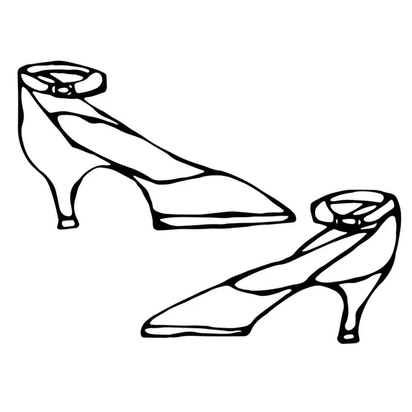 Vrouwen High-heeled bruine schoen met riem. Geïsoleerd op een witte achtergrond Doodle Cartoon Vintage Hand getrokken schets — Stockvector