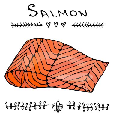 Kırmızı balık somon Seafood menü için biftek. Mürekkep vektör illüstrasyon izole bir beyaz arka plan Doodle karikatür Vintage elle çizilmiş kroki üzerinde.
