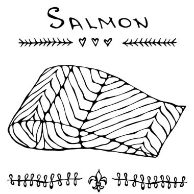 Kırmızı balık somon Seafood menü için biftek. Mürekkep vektör illüstrasyon izole bir beyaz arka plan Doodle karikatür Vintage elle çizilmiş kroki üzerinde.