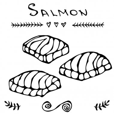 Kırmızı balık somon Seafood menü için biftek. Mürekkep vektör illüstrasyon izole bir beyaz arka plan Doodle karikatür Vintage elle çizilmiş kroki üzerinde.