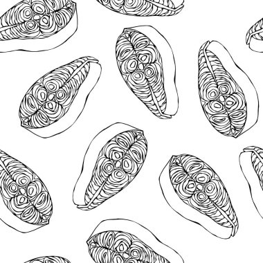 Somon fileto için deniz ürünleri yemek listesi ile Seamless modeli. Mürekkep vektör illüstrasyon izole bir beyaz arka plan Doodle karikatür Vintage elle çizilmiş kroki üzerinde.