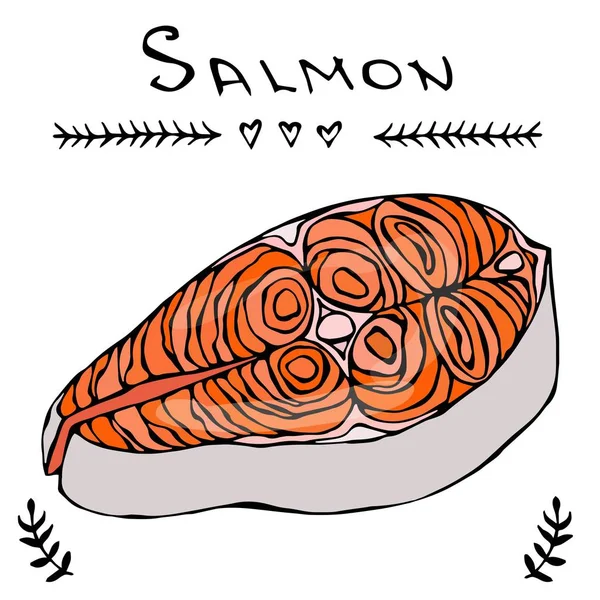 Steak de saumon rouge de poisson pour menu de fruits de mer. Illustration vectorielle d'encre isolée sur un fond blanc Doodle dessin animé Vintage esquisse dessinée à la main . — Image vectorielle