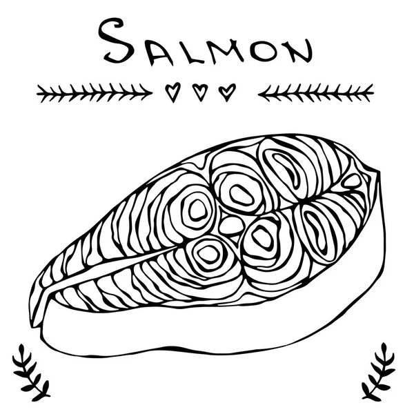 Biefstuk van rode vis zalm voor Seafood Menu. Inkt vectorillustratie geïsoleerd op een witte achtergrond Doodle Cartoon Vintage Hand getrokken schets. — Stockvector