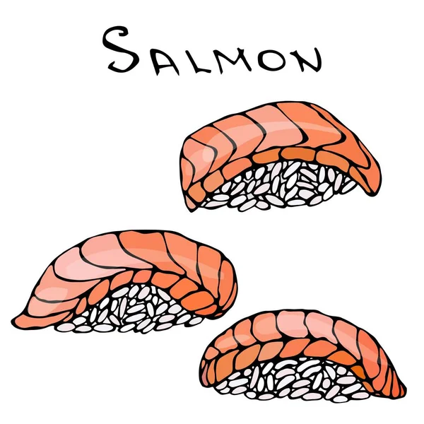 Set de Sushi Salmón para Menú de Mariscos. Ilustración vectorial aislada sobre un fondo blanco Doodle Dibujos animados Vintage dibujado a mano boceto . — Vector de stock