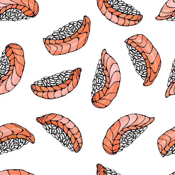 Saumon Nigiri Sushi, Ikura Sushi Pattern. Pour menu de fruits de mer. Illustration vectorielle d'encre isolée sur un fond blanc Doodle dessin animé Vintage esquisse dessinée à la main . — Image vectorielle